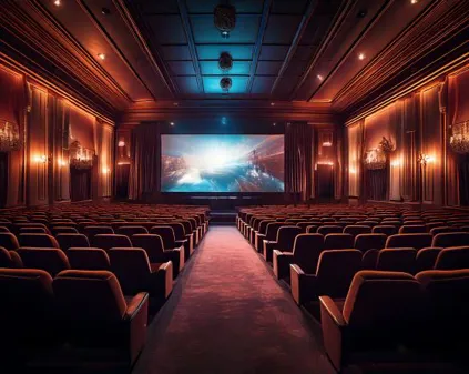 Bild som illustrerar Firefly En Liten Biosalong Med Biostolar Och En Stor Bioduk Som Skymtar Längst Fram I Salongen, Mysi