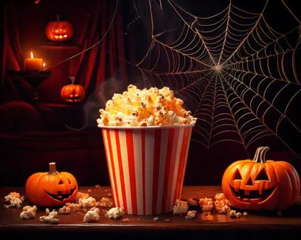 Bild som illustrerar Firefly En Bägare Med Popcorn Inne På En Bio, Bredvid Står Halloweenpumpor Och Det Hänger En Spindel